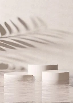 Podiums standing in water, with palm shadow, on the beige background. Beautiful Stock Illustration
