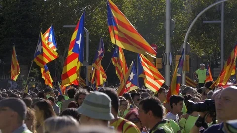 Poeple and Catalan Flags Stock Footage 80036542