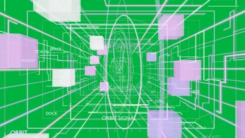 Point appearing wire tunnel moving inward while cubes drifting HUD showing nav Stock Footage 335780894