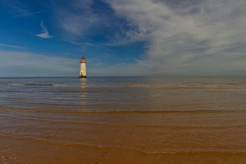 Point of Ayr or Talacre Lighthouse on a sunny day, portrait, wide angle, co.. Stock Photos