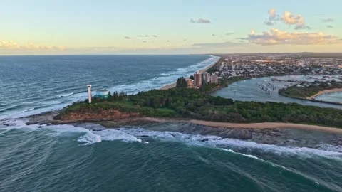 Point Cartwright Lighthouse and Mooloolah River aerial sunrise panorama, Su.. Stock Footage 333444279
