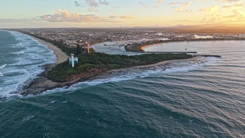Point Cartwright Lighthouse and Mooloolah River aerial sunrise panorama, Su.. Video stock 333445651