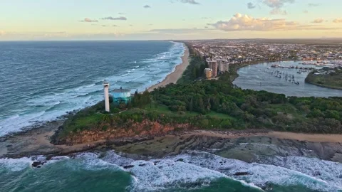 Point Cartwright Lighthouse and Mooloolah River aerial sunrise panorama, Su.. Stock Footage 333445696
