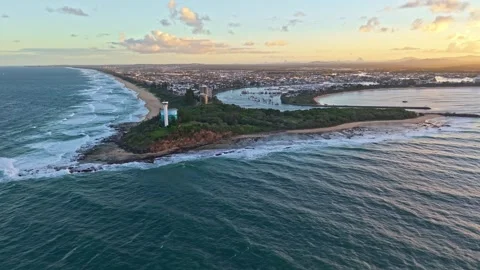 Point Cartwright Lighthouse and Mooloolah River aerial sunrise panorama, Su.. Stock Footage 333445732