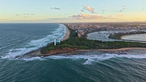 Point Cartwright Lighthouse and Mooloolah River aerial sunrise panorama, Su.. Stock Footage 333445735