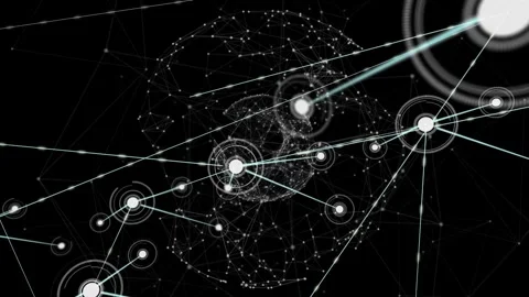 Point-cloud globe and node network responding to incoming luminous node, 스톡 동영상 332804436