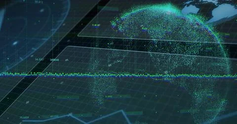 Point-cloud globe floating in dark interface, with grid lines, chart markers and Stock Illustration