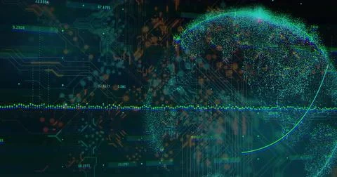 Point cloud globe forming in interface, with data line, board traces and numeric Illustrazione stock