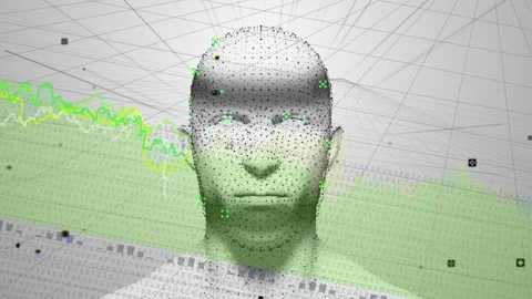 Point-cloud head forming as green band appearing and graphs sweeping, Stock Footage 334724982