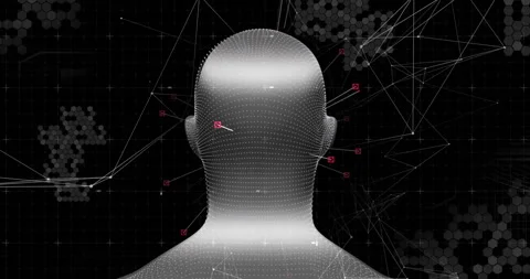 Point-cloud head rotating in data visualization upon markers appearing with Stock Footage 310154129