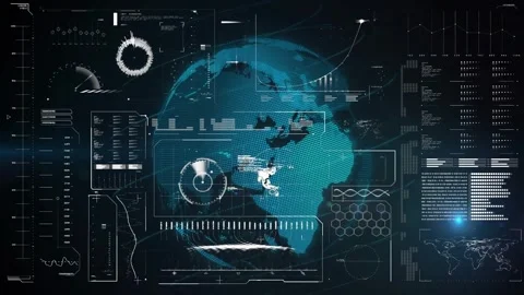 Point-cloud resolving into globe, rotating, charts updating and path marking Stock Footage 334038299