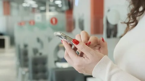 Point finger on mobile phone screen close up, woman sending text message, girl Stock-Footage 201642376