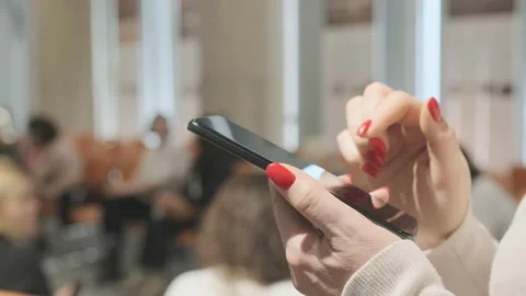 Point finger on mobile phone screen close up, woman sending text message, girl Stock-Footage 205426402