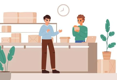 Point of issue of parcels or orders. Worker holding cardboard box and talking Stock Illustration