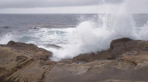 Point Lobos - Pacific Ocean Waves Crash Big in Slow Motion Stock Footage 66972675
