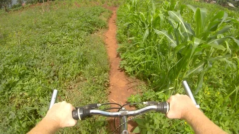 A point of view action shot looking down at a white mans hands on a handle Vidéo 118389992