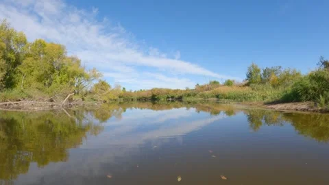 Point of view from a canoe paddling along a calm northern river with fall leaves Stock Footage 334945366