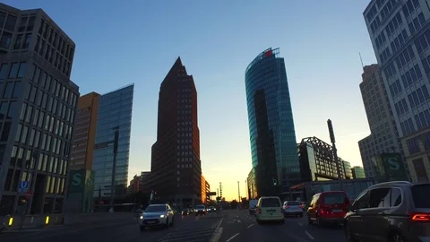 Point Of View Car Drive in Berlin Inner City - Passing Potsdamer Platz - Sunset Stock Footage 84474255