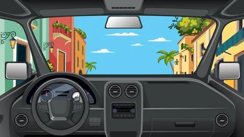 Point of View Car Interior Driving Through Colorful Coastal Town Stock Illustration