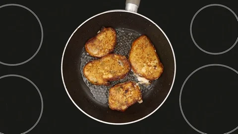 Point of view of the chef, which fries pancakes in a hot frying pan. Stock Footage 95117591