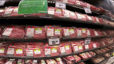 Point of view choosing bagged ground beef at the market. Stock Footage 149278465