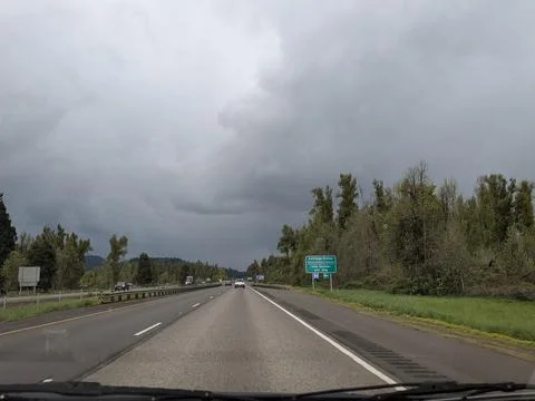 Point of view driving along Interstate 5 approaching Exit 174 into Cottage Grove Stock Photos