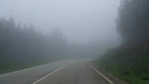Point-of-view driving shot along a curvy asphalt road shrouded in thick, dense Видео 345047228