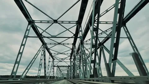 Point of View Driving Shot Through Steel Truss Bridge Structure Stock Footage 333535194