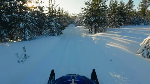 Point of view driving a snowmobile through beautiful snowy forest with sun .. Stock Footage 322026057