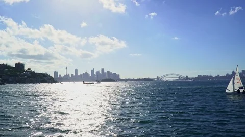 Point of view from a fast boat thats sailing into the Sydney harbour Stock Footage 90497010