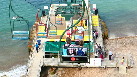 Point of view going down in The Needles Chairlift (Isle of Wight) Stock Footage 244851375