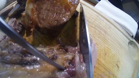 Point of view gopro, cut beef in kitchen Video stock 76390680