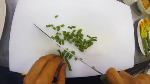 Point of view gopro, cut green beans in kitchen Video stock 76389678
