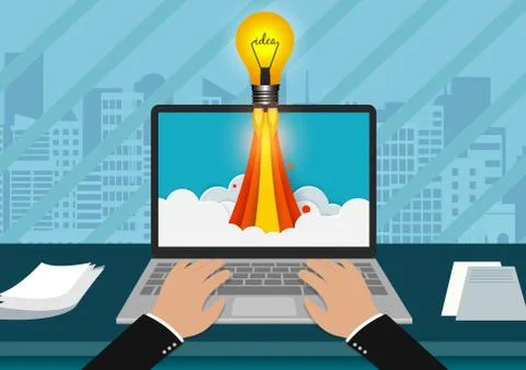 Point of view hand typing modern keyboard on notebook. light bulb ejected fro Stock Illustration