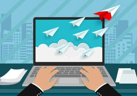 Point of view hand typing modern keyboard on notebook. paper airplane red and Stock Illustration