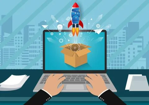 Point of view hand typing modern keyboard. think outside the box. space shutt Stock Illustration