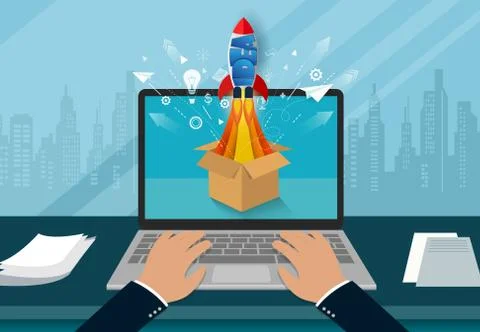 Point of view hand typing modern keyboard. think outside the box. space shutt Stock Illustration