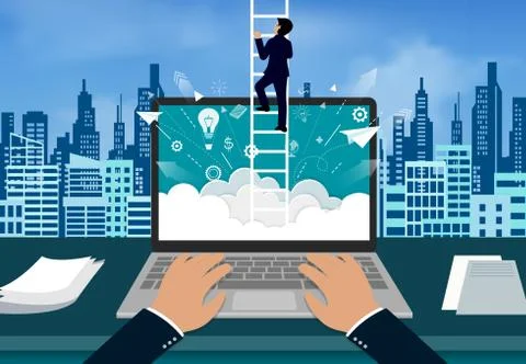 Point of view hand typing modern keyboard on notebook. One businessman climbe Stock Illustration