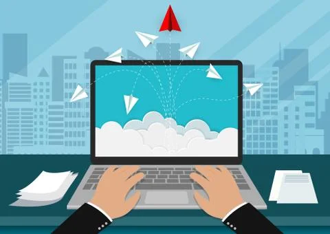 Point of view hand typing modern keyboard on notebook. paper airplane red and Stock-Illustration