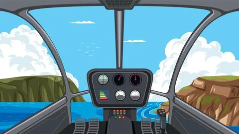 Point of View Helicopter Cockpit Flying Over Coastal Cliffs and Ocean Ilustração Stock