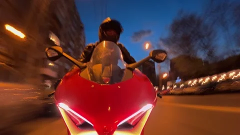 Point of view hyper lapse man riding super-sport motorcycle on street at night Stock Footage 260821883