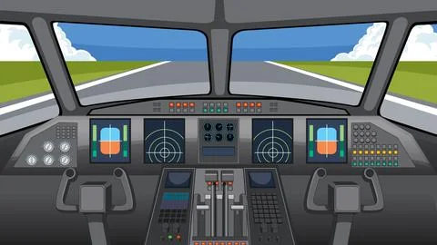 Point of View Illustration of an Airplane Cockpit During Landing Stock Illustration