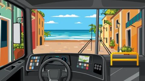 Point of View Illustration of a Bus Cockpit Driving Toward a Coastal Beach Stock Illustration