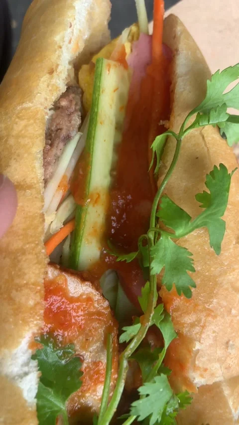 Point of view inspecting a Banh Mi sandwich close up, street food Stock Footage 165065802