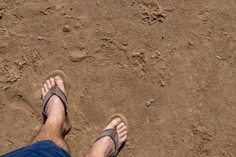 Point of view looking down at a person wearing flip flops while walking acr.. Foto stock