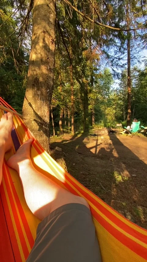 Point of view man chilling on hammock camping site on sunset Stock Footage 221850497