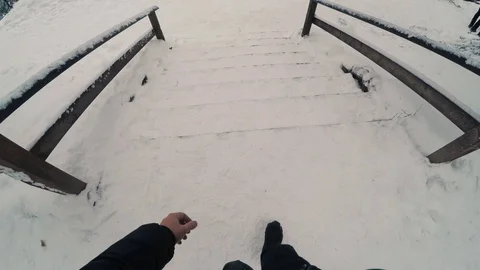 Point of view man climbing down stairs at Blausee Lake, Switzerland Stock-Footage 86529401