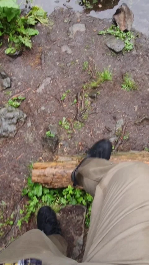 Point of view man hiker stand at the lake beach in carpathian mountains Stock Footage 157204106