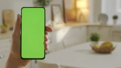 Point of View of Man Holding Chroma Key Green Screen Smartphone Watching Content Stock Footage 205571278