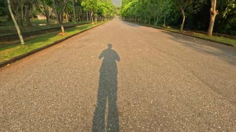 Point of view of man shadow running or jogging on asphalt road in the afterno Stock Footage 313997395